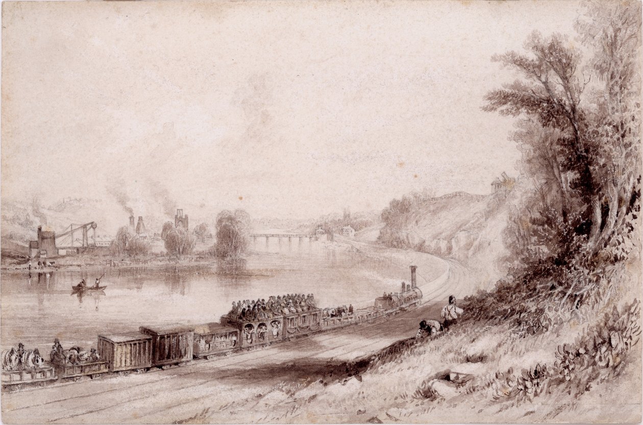 The River Wall at Wylam Scars (wc og blæk på papir) af John Wilson Carmichael