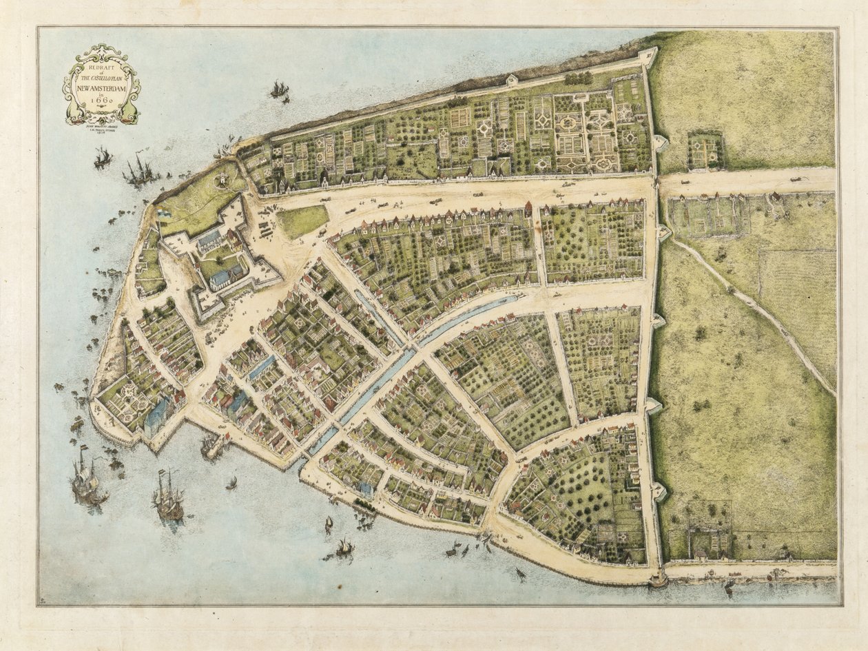 Omformulering af Castello-planen, New Amsterdam, som den så ud i 1660, 1916 (farvevask på papir) af John Wolcott Adams