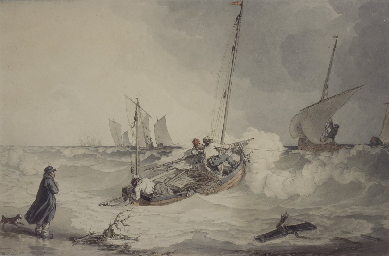 Fiskerbåde, der skal ud, akvarel af John Augustus Atkinson