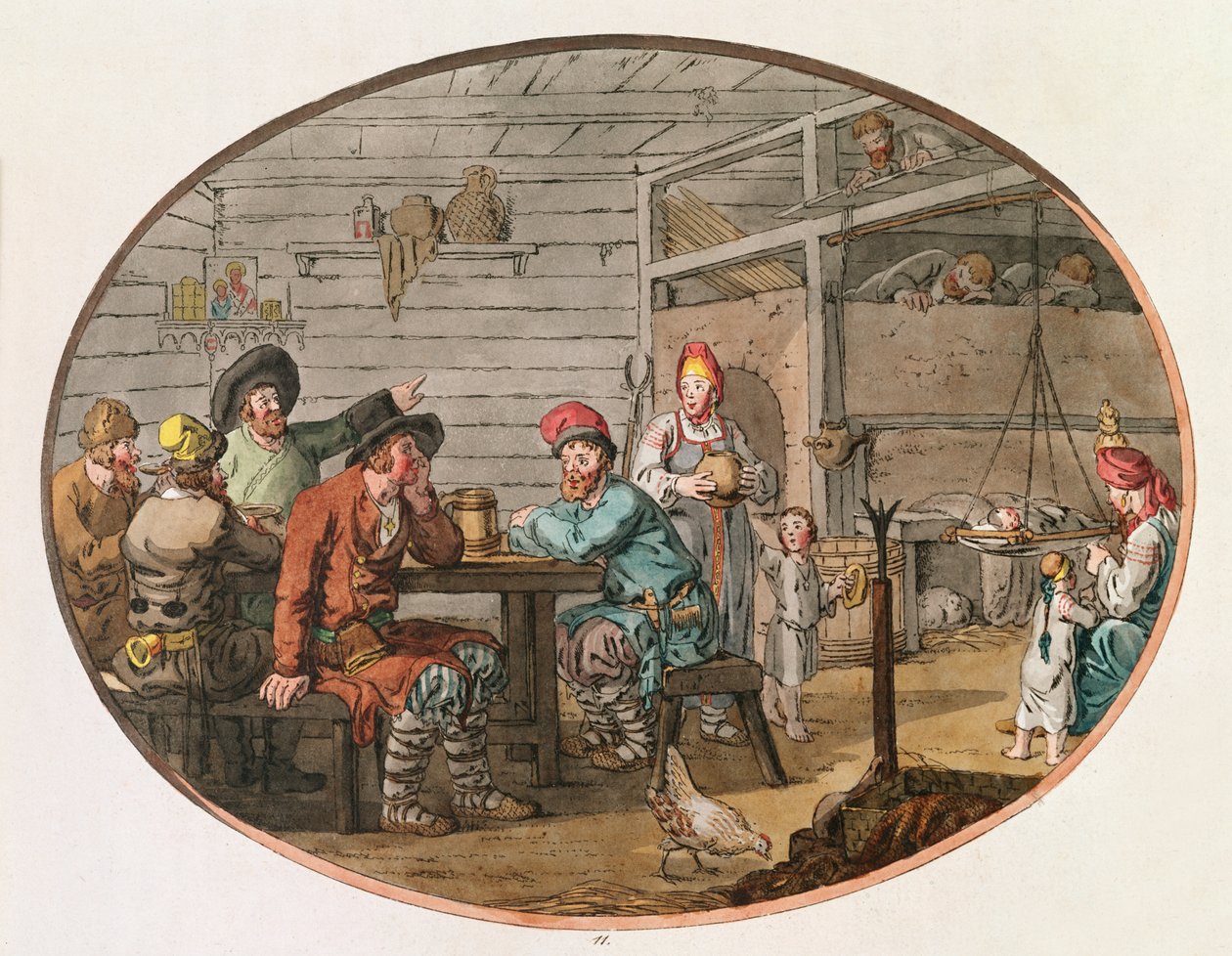 Russisk bondehytte, 1798 (håndfarvet radering) af John Augustus Atkinson