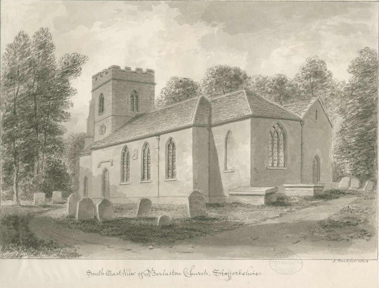 Barlaston Church: sepia drawing, 1844dani af John Buckler