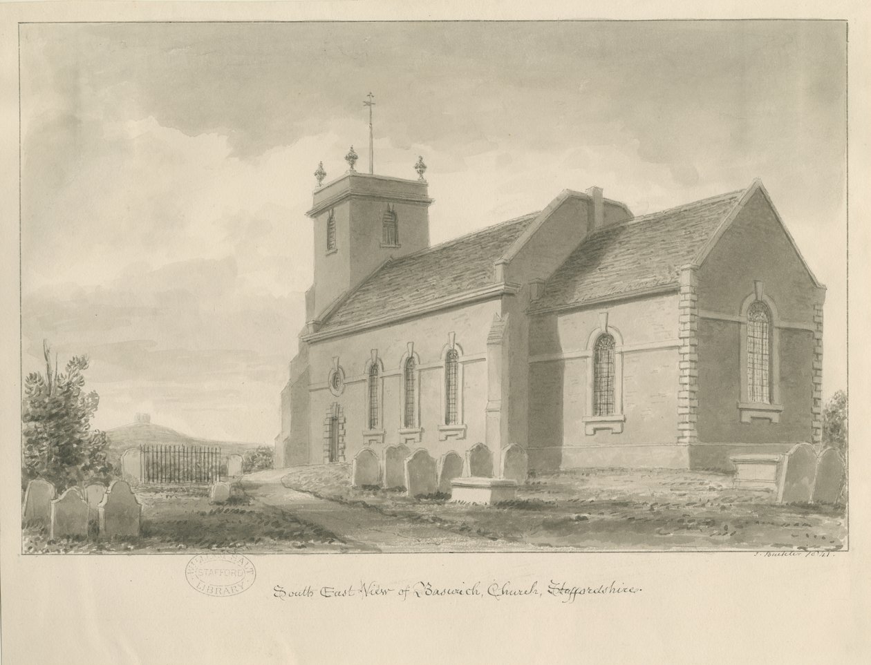 Baswich Church: sepia drawing, 1841dani af John Buckler