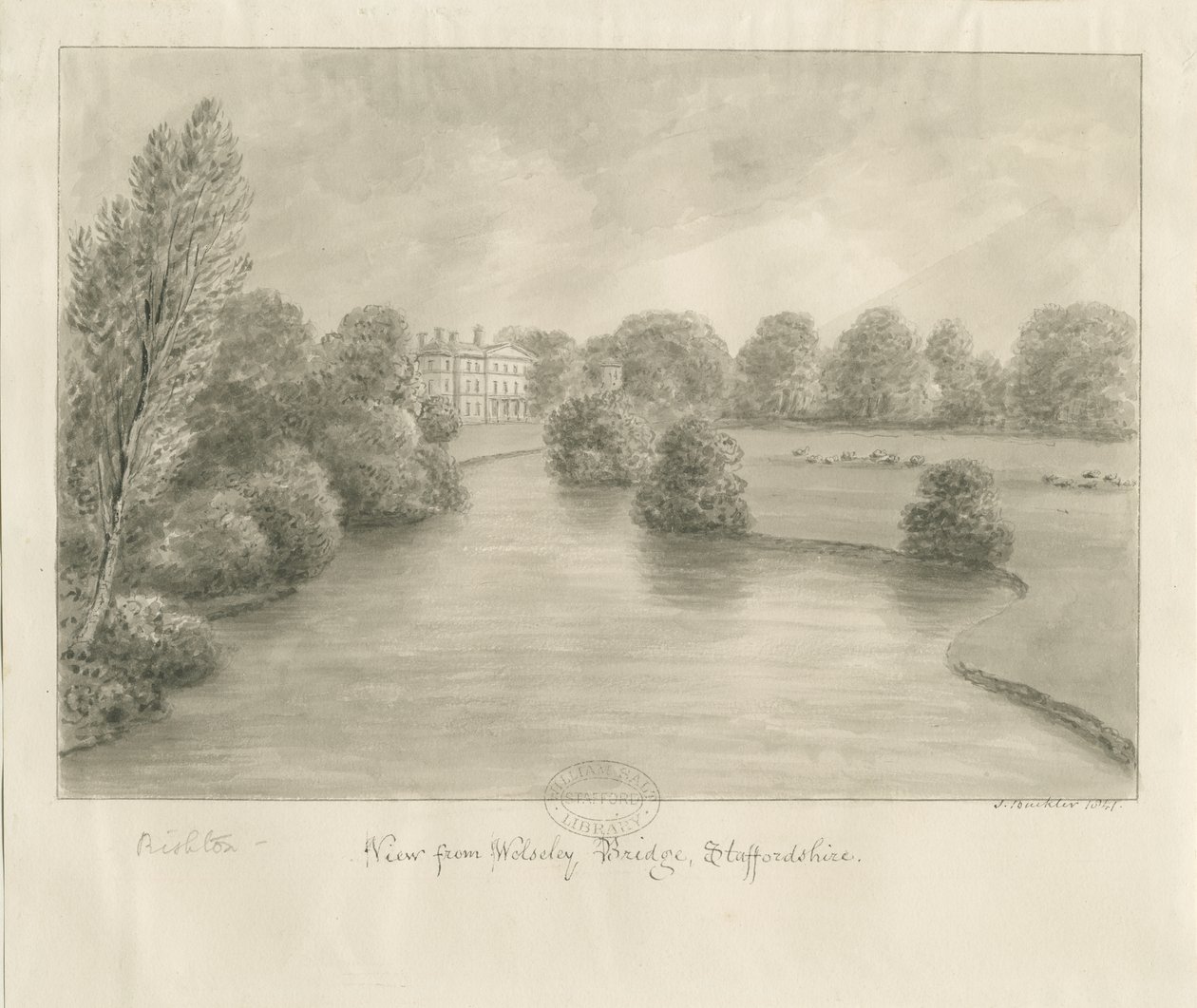 Bishton Hall: sepia drawing, 1841dani af John Buckler