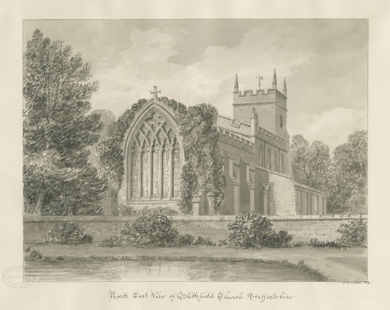 Blithfield Church: sepia tegning af John Buckler