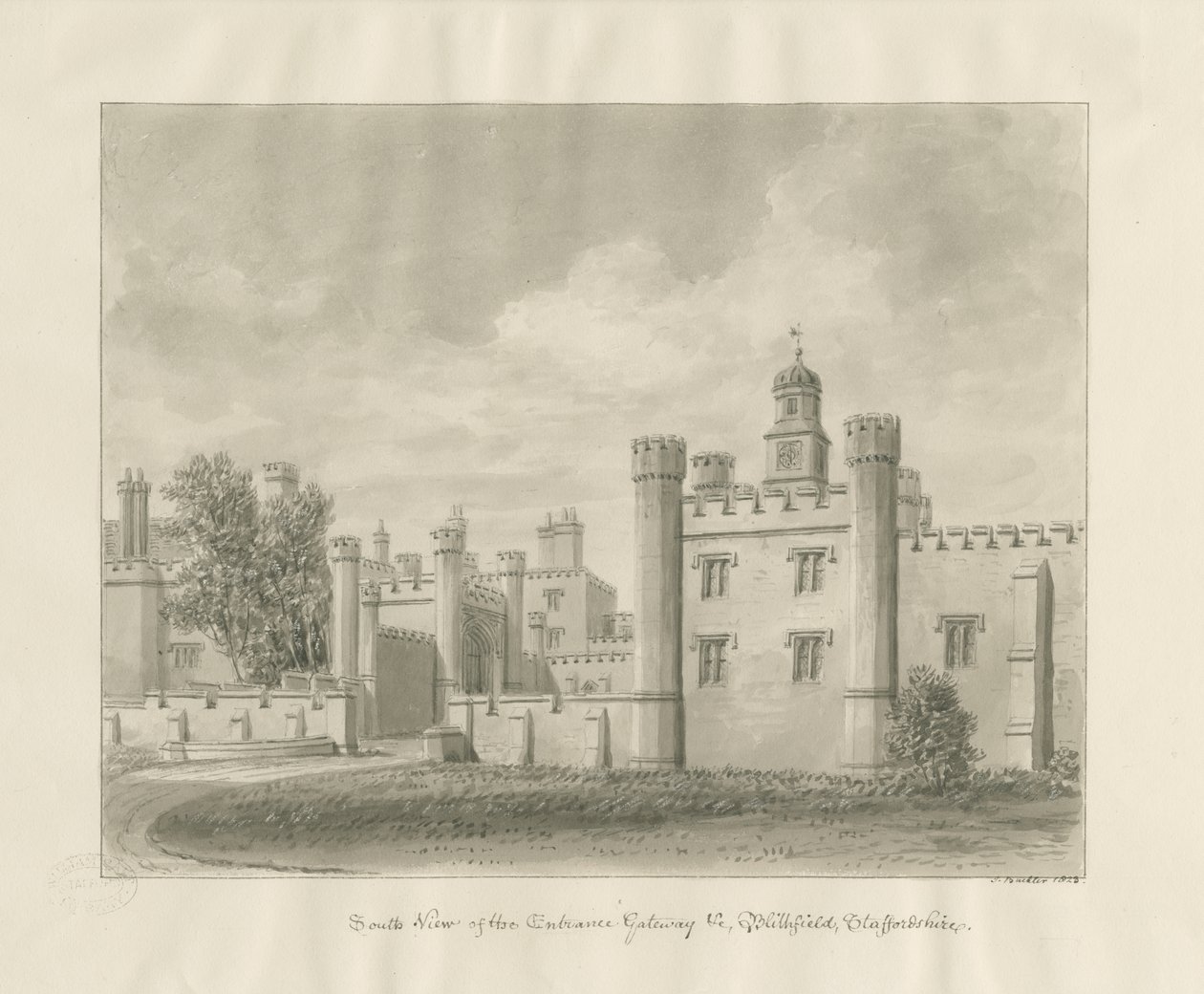 Blithfield Hall: Sepia tegning af John Buckler
