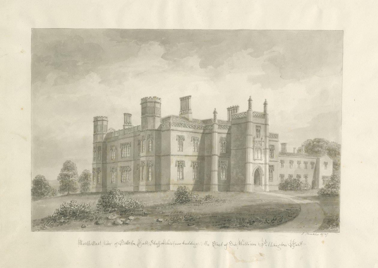 Butterton Hall: sepia tegning af John Buckler