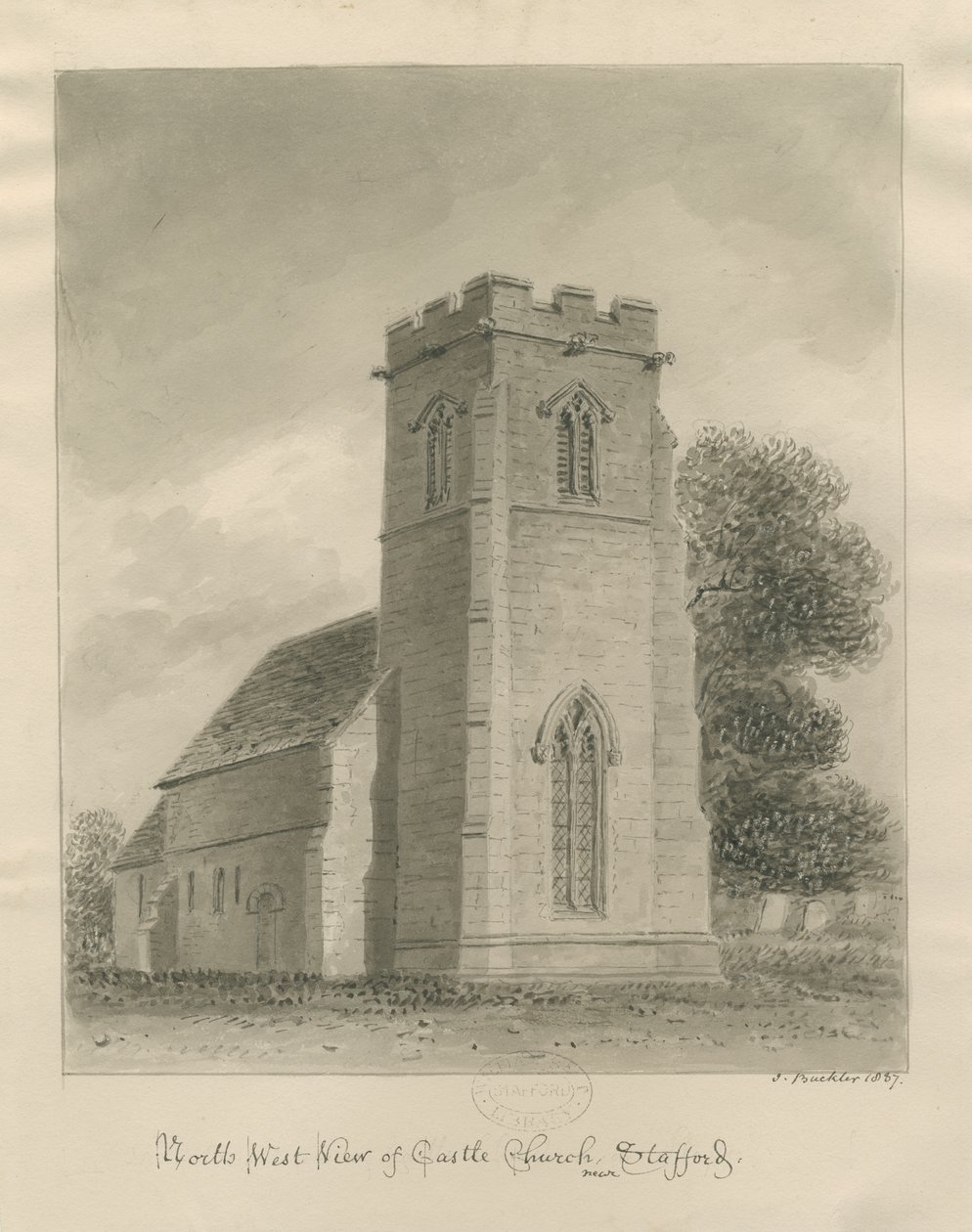Slotskirke - Kirke: sepia tegning af John Buckler
