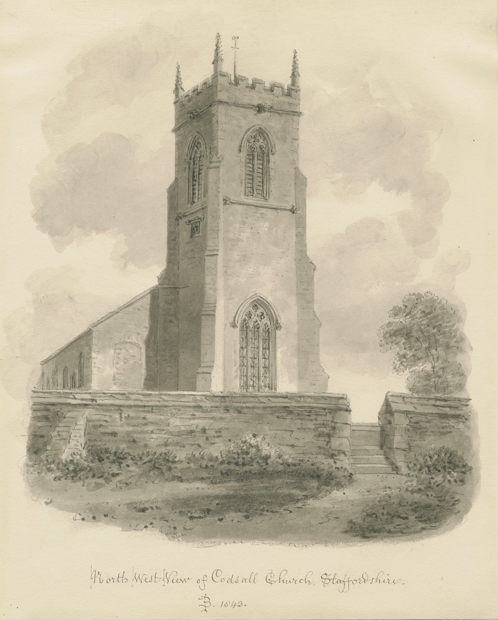 Codsall Church: sepia tegning af John Buckler