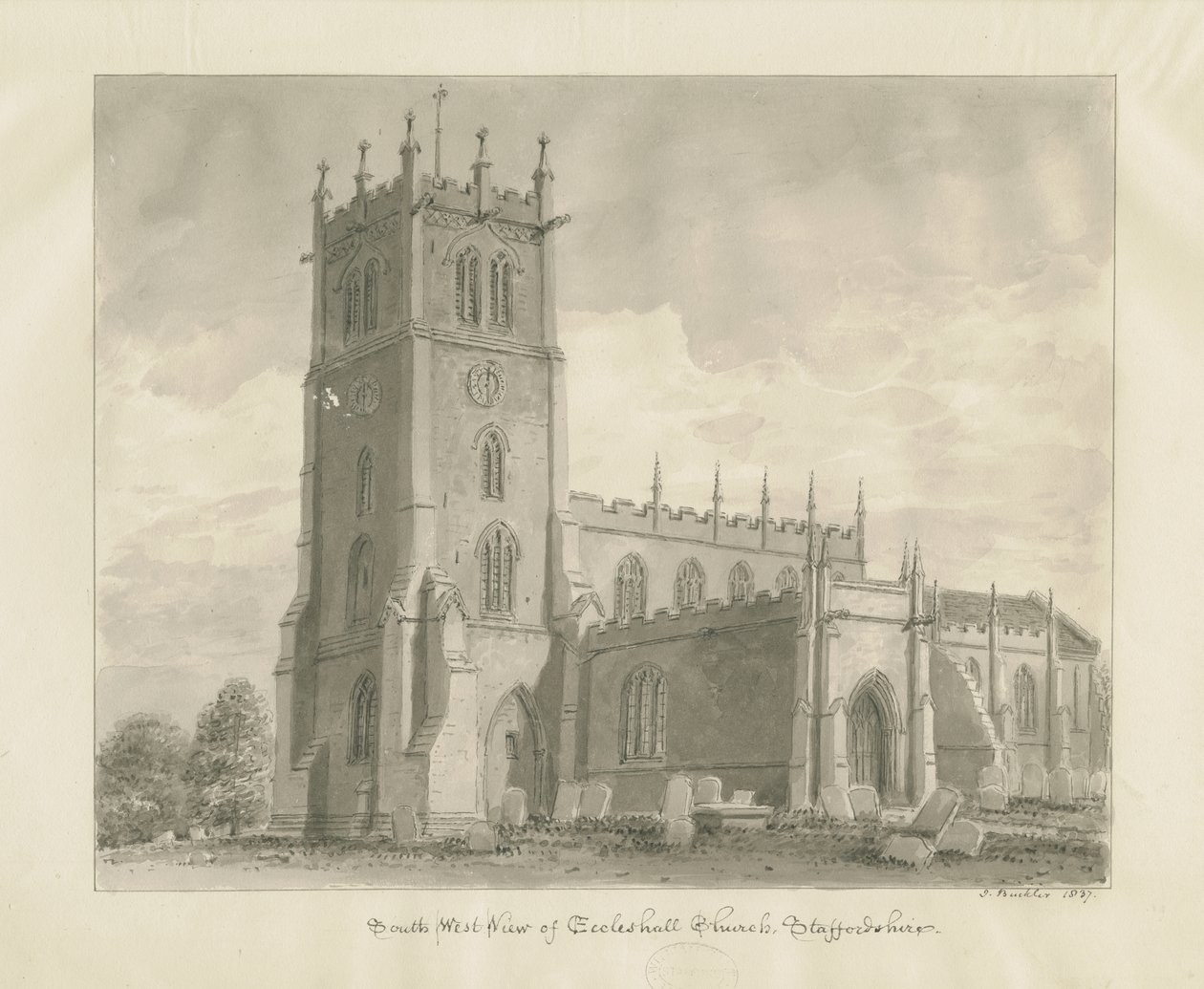 Eccleshall Church: sepia tegning af John Buckler