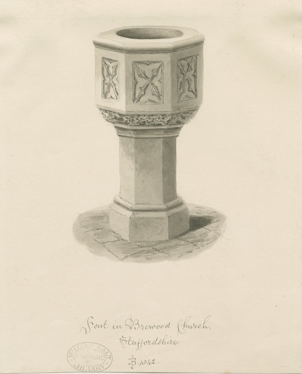 Skrifttype i Brewood Church: sepia tegning af John Buckler