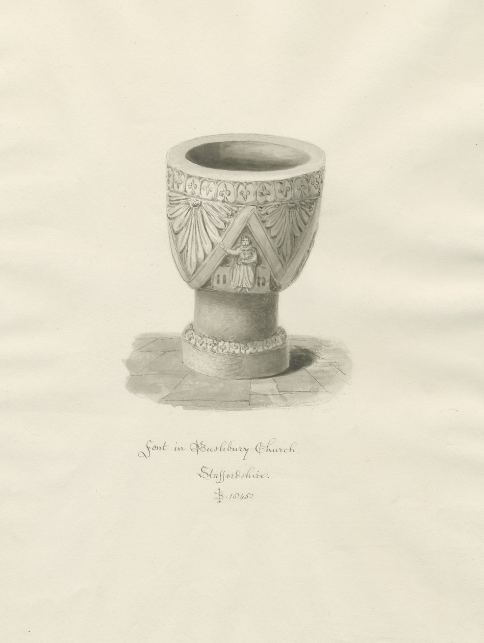 Skrifttype i Bushbury Church: sepia-tegning af John Buckler