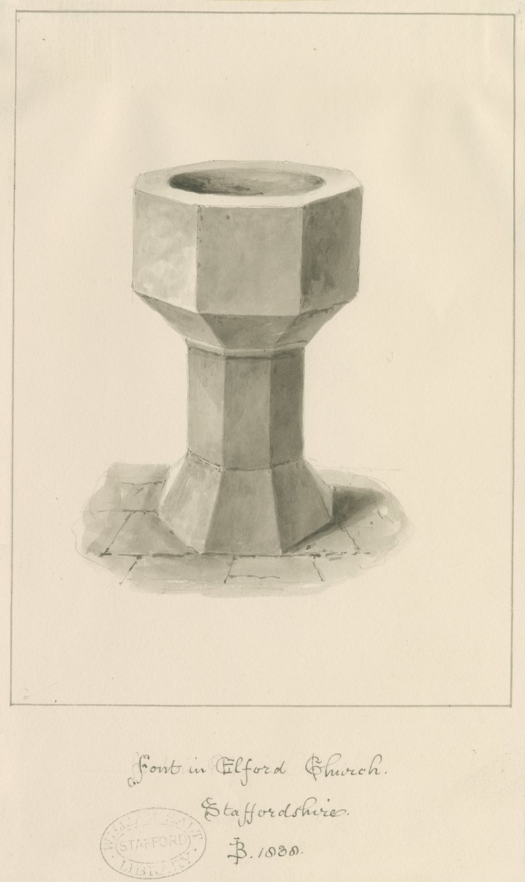 Skrifttype i Elford Church: sepia tegning af John Buckler