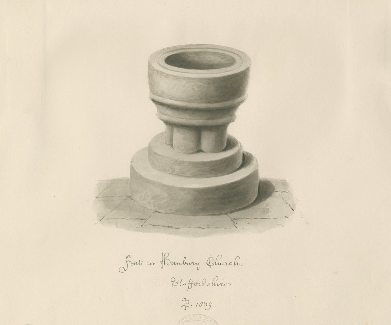 Skrifttype i Hanbury Church: sepia-tegning af John Buckler