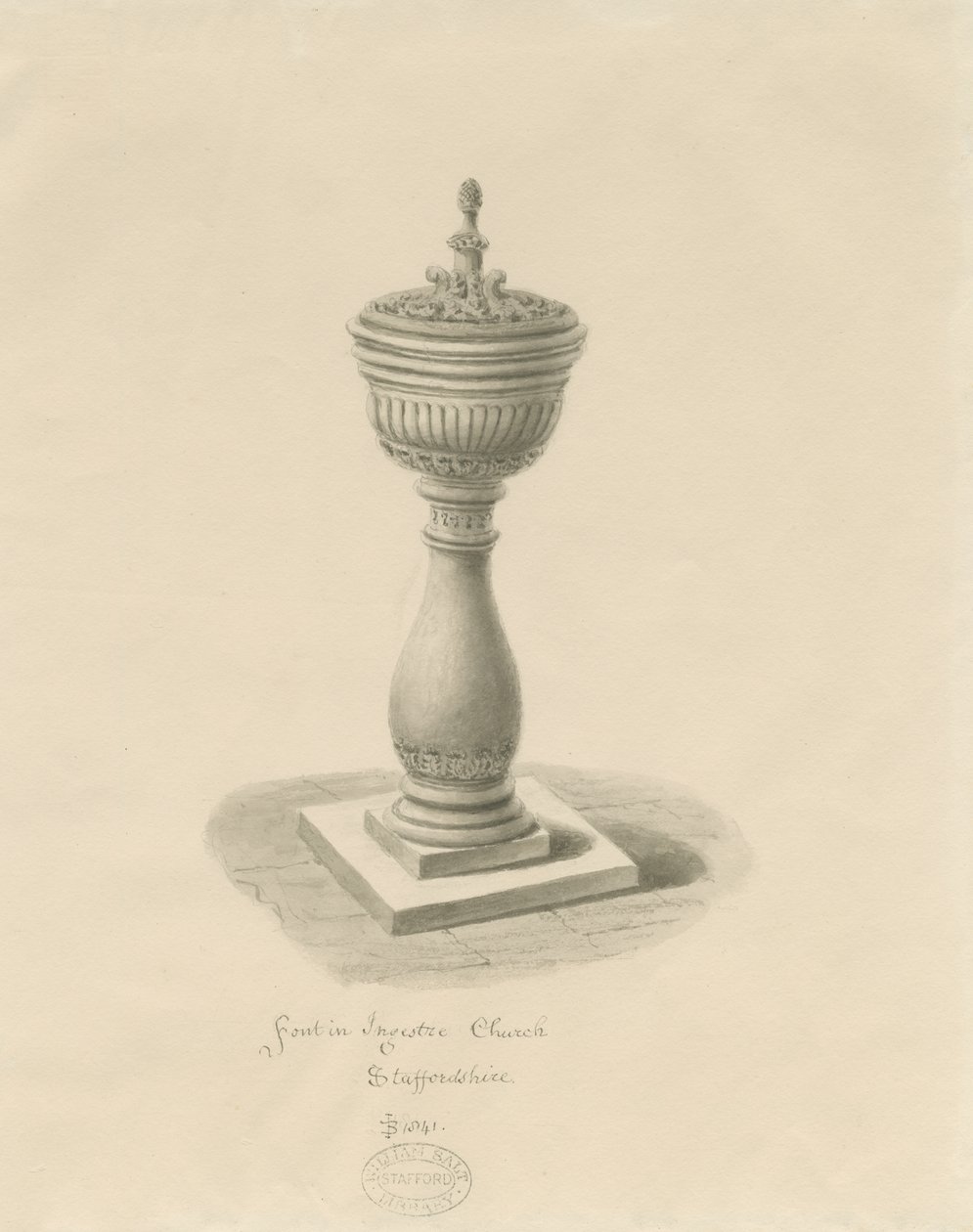 Font i Ingestre Kirke: sepia tegning af John Buckler