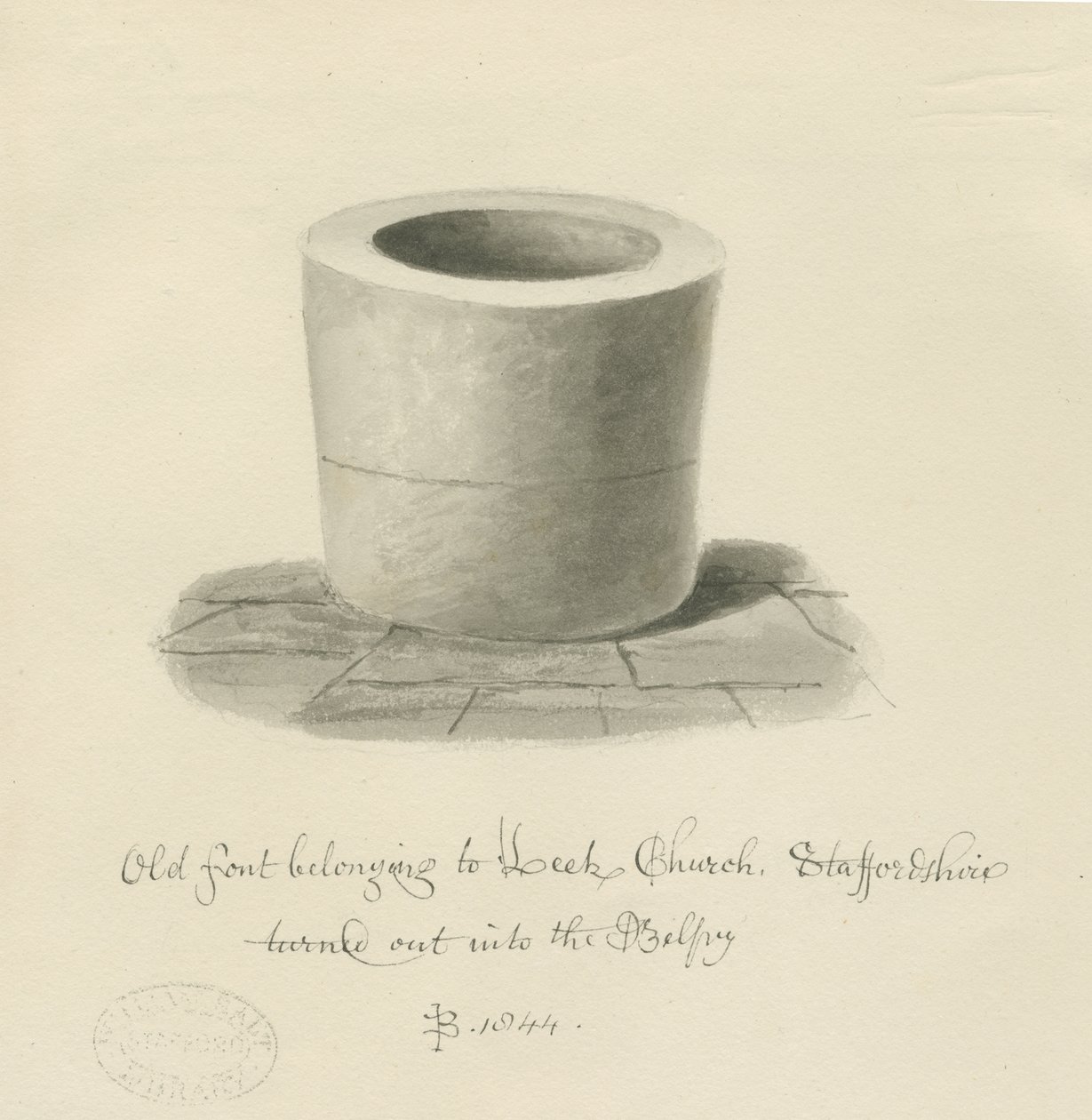 Skrifttype i Porrekirken: sepia-tegning af John Buckler