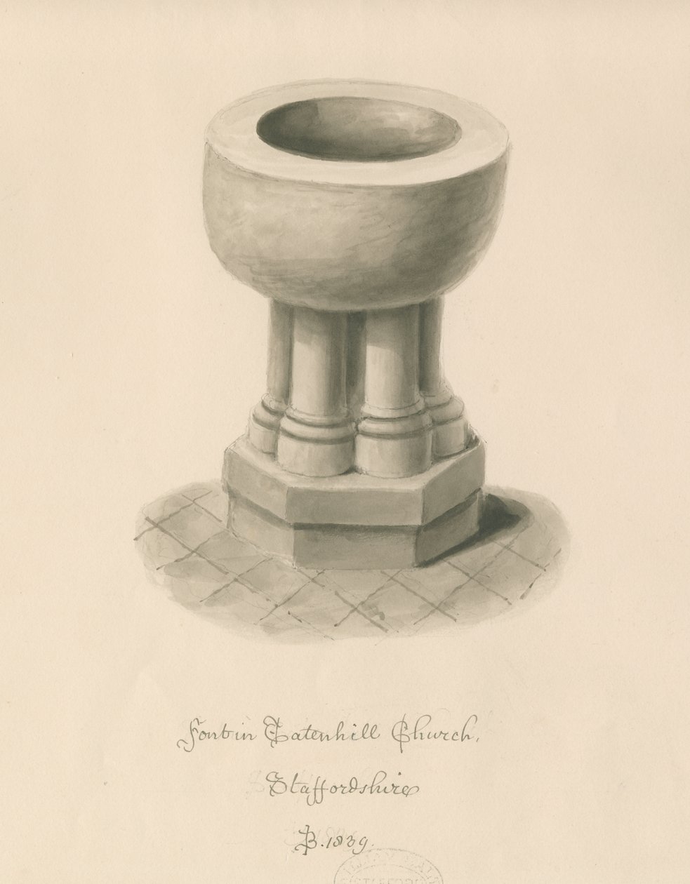 Skrifttype i Tatenhill Church: sepia vask tegning af John Buckler