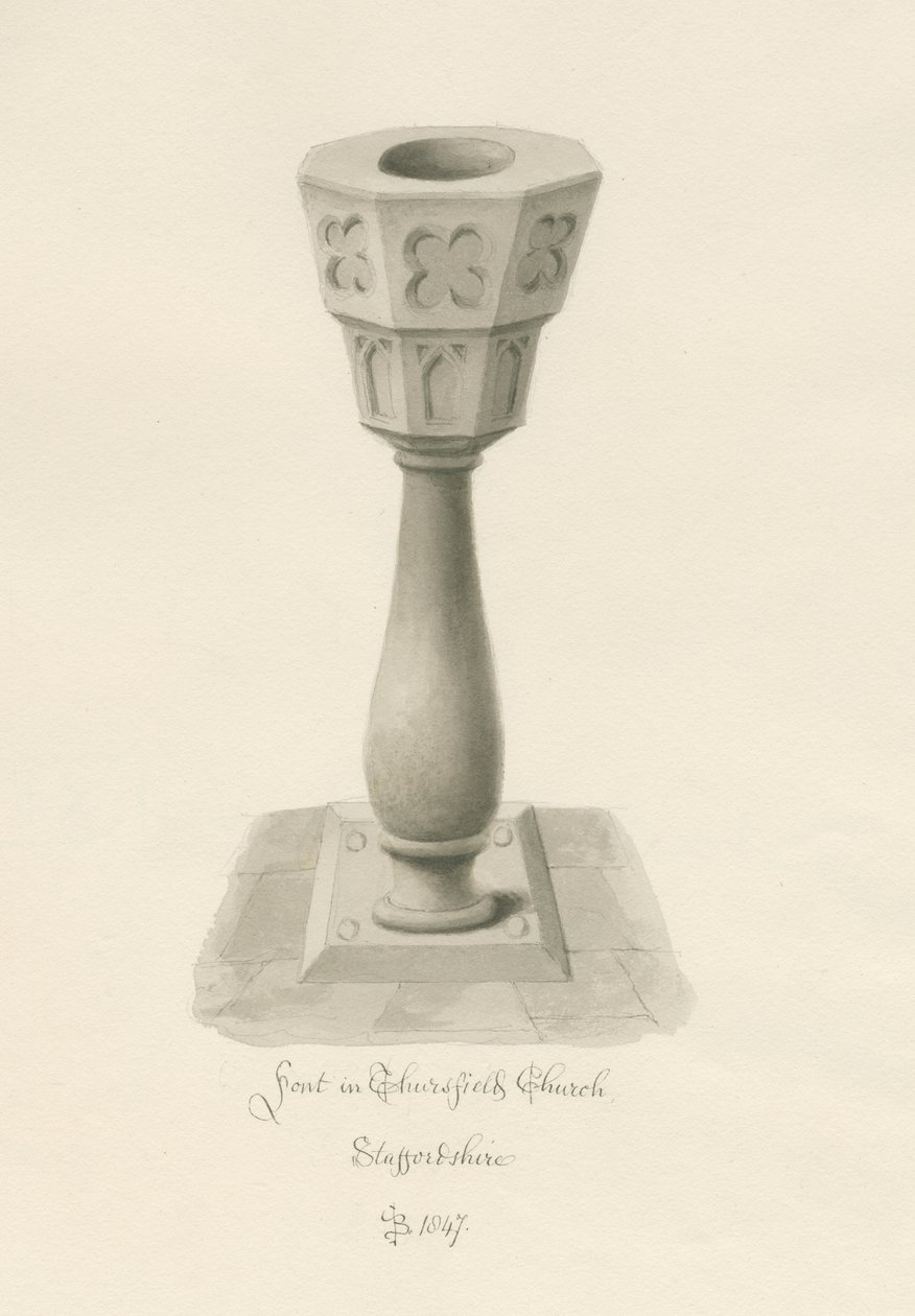 Skrifttype i Thursfield Chapel: sepia vask tegning af John Buckler