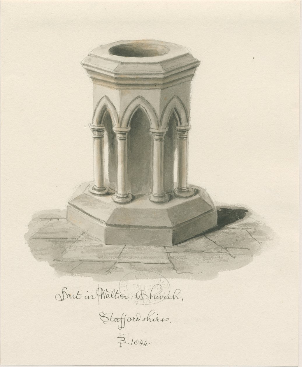 Skrifttype i Walton-on-the-Hill Church: sepia vask tegning af John Buckler
