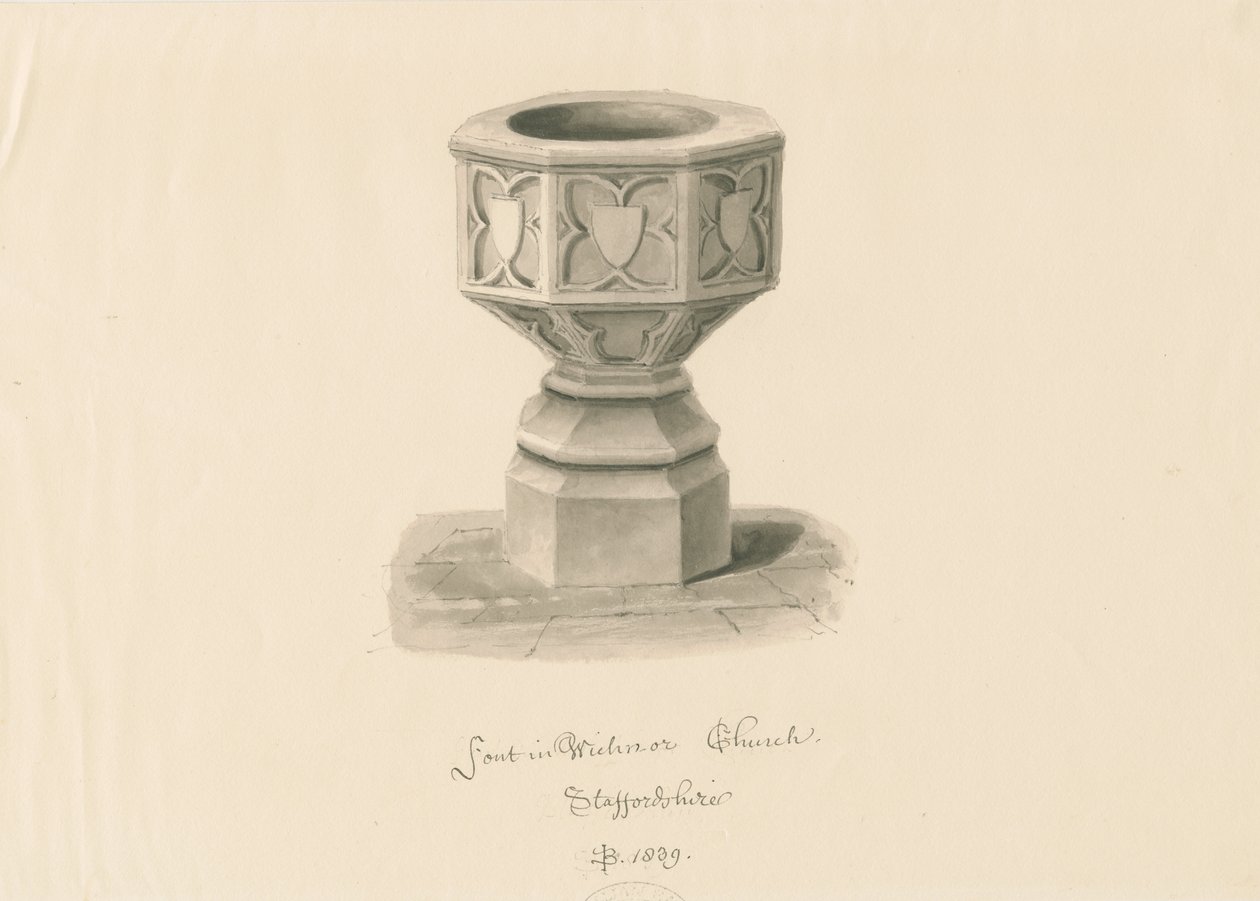 Skrifttype i Wichnor Kirke: sepia tegning af John Buckler