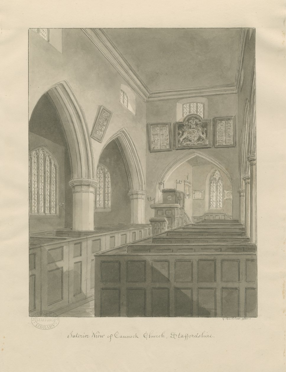 Interiør af Cannock Church: sepia tegning af John Buckler