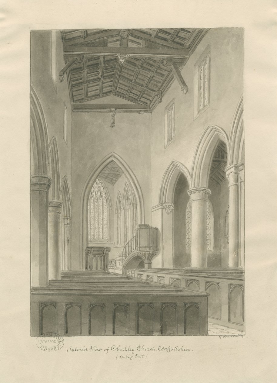 Interiør af Checkley Church: sepia tegning af John Buckler