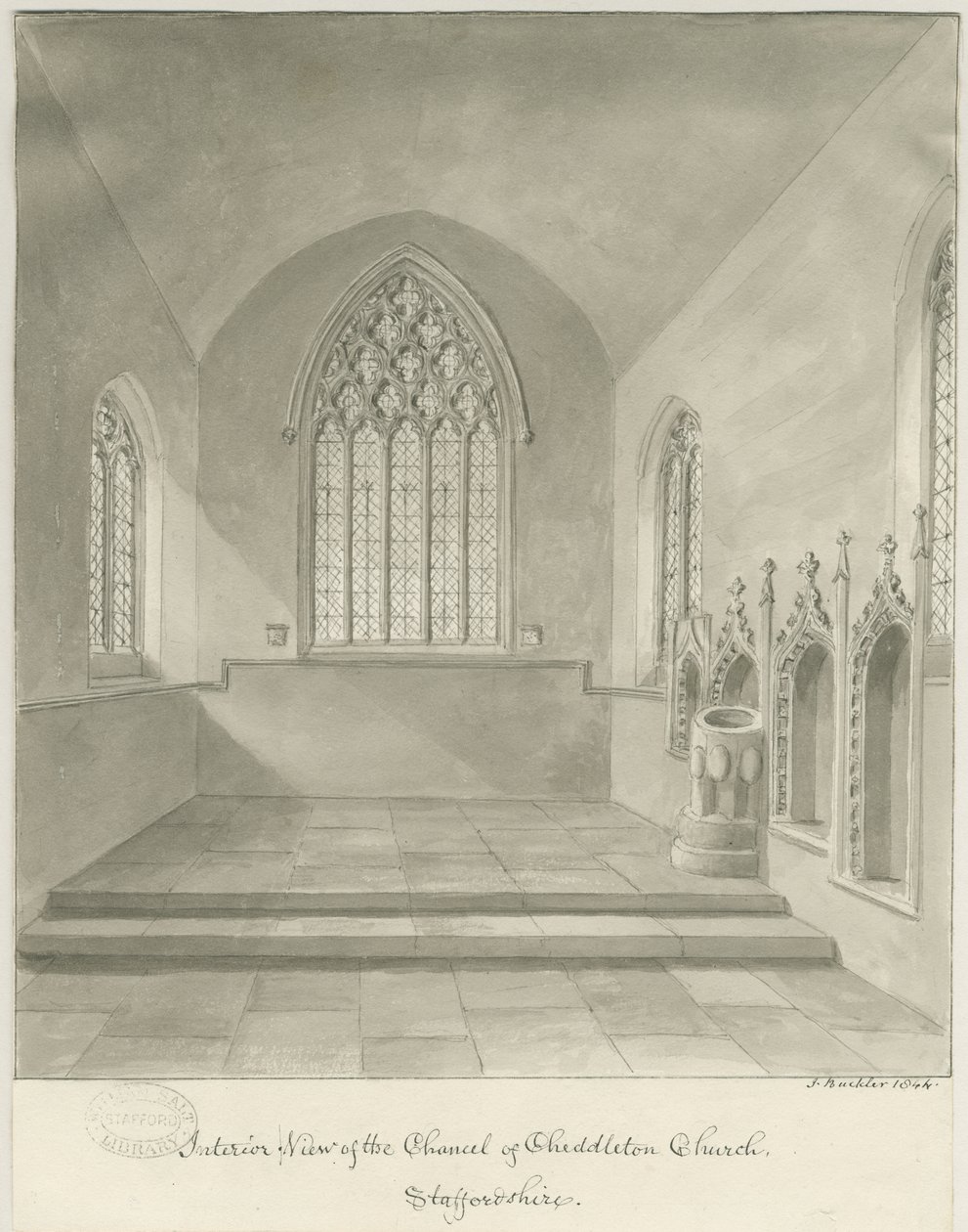 Interiør af Cheddleton Church: sepia tegning af John Buckler