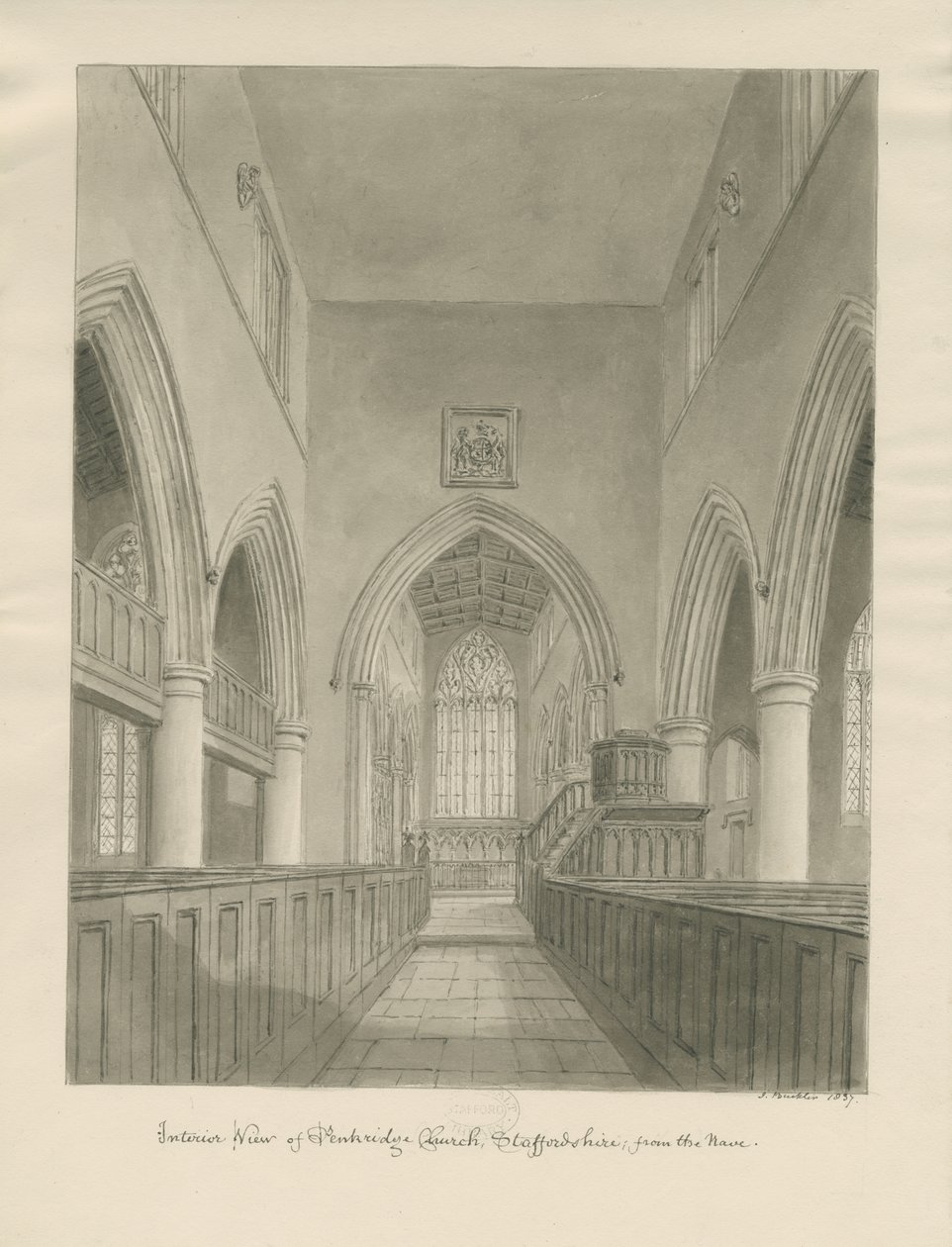Interiør af Penkridge Church: sepia tegning af John Buckler