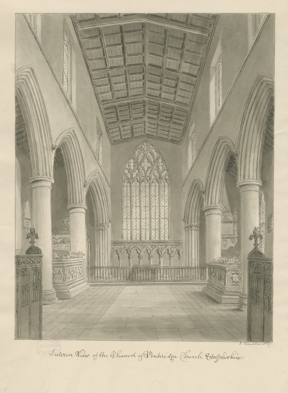 Interiør af Penkridge Church: sepia tegning af John Buckler