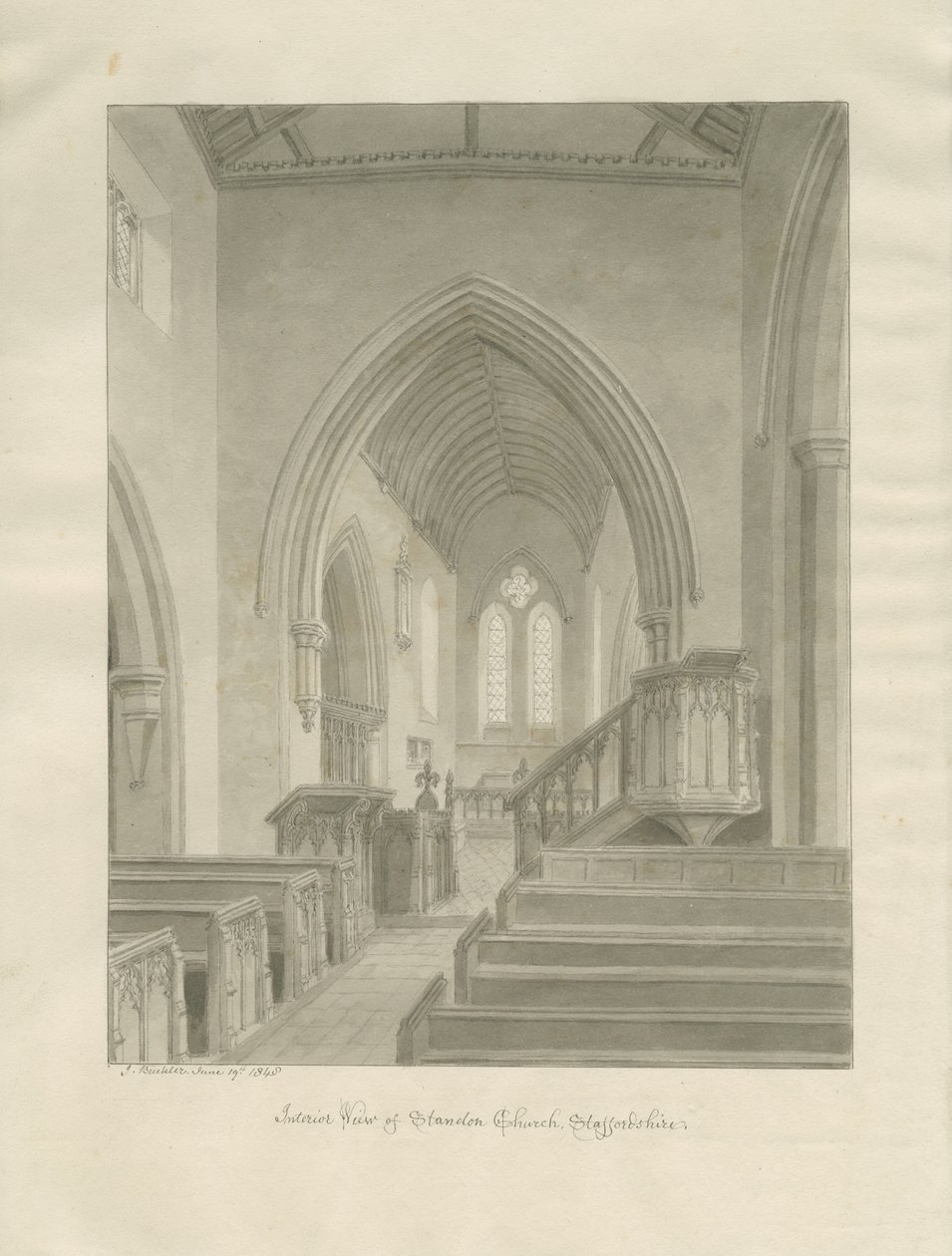 Interiør af Standon Church: sepia tegning af John Buckler