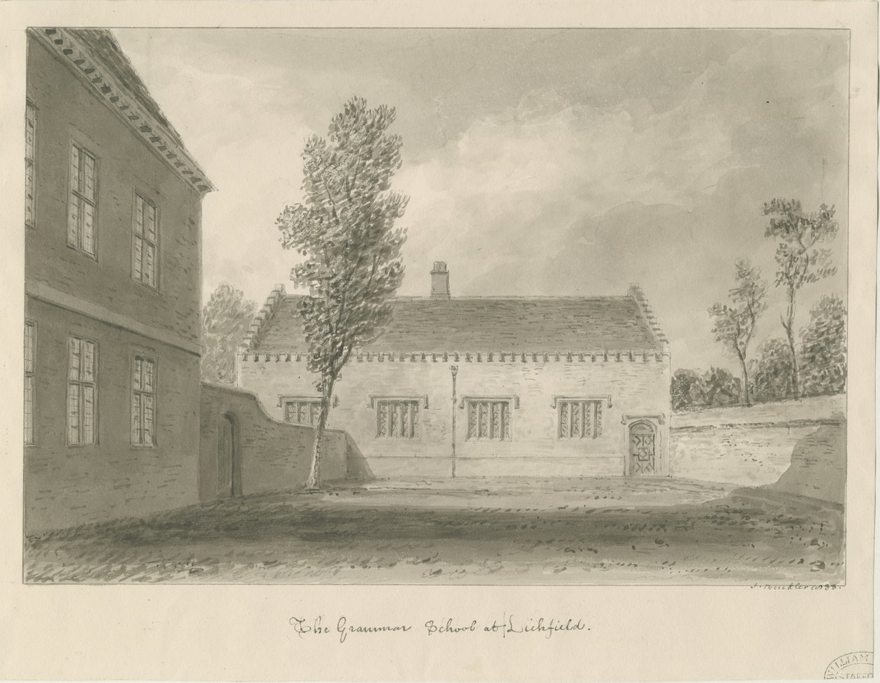 Lichfield - Grammar School: sepia tegning af John Buckler