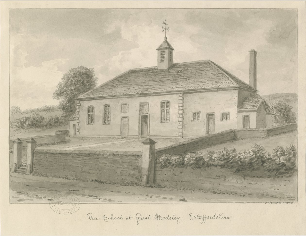 Madeley - Free School: sepia drawing, 1840dani af John Buckler