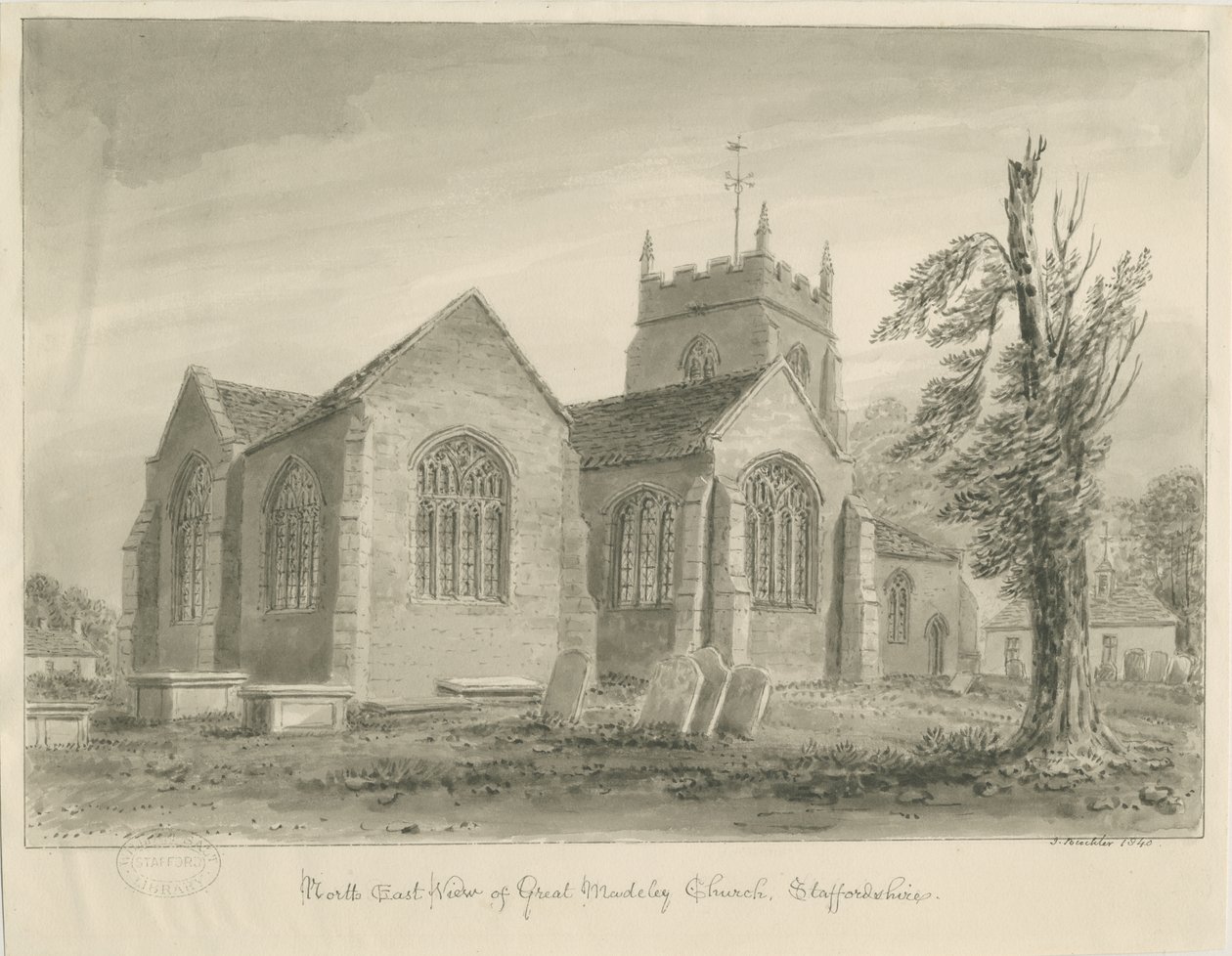 Madeley Church: sepia vask tegning af John Buckler