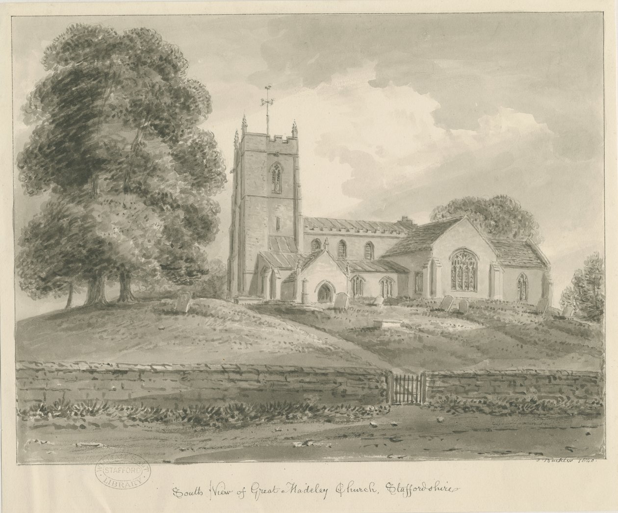 Madeley Church: sepia vask tegning af John Buckler