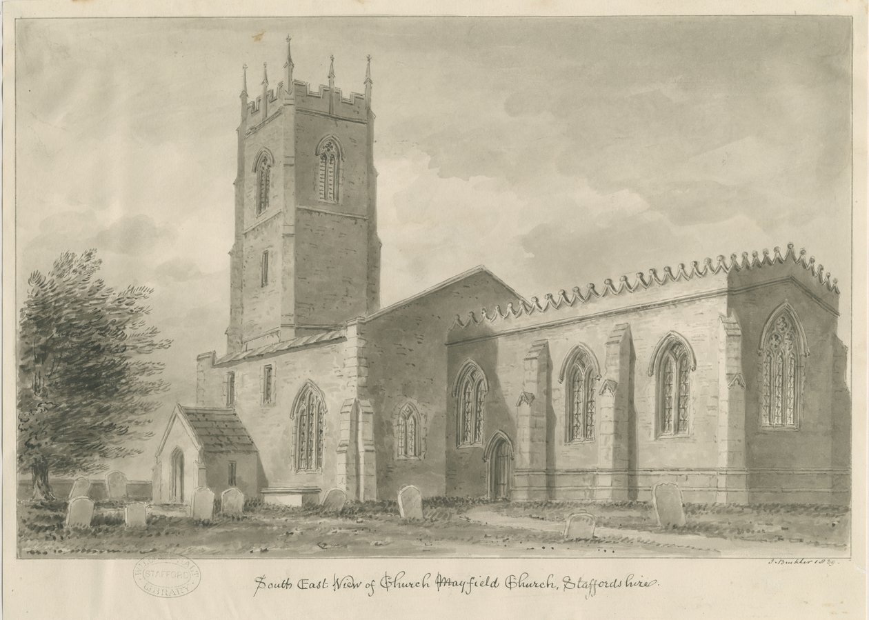 Mayfield Church: sepia tegning, 1839 af John Buckler