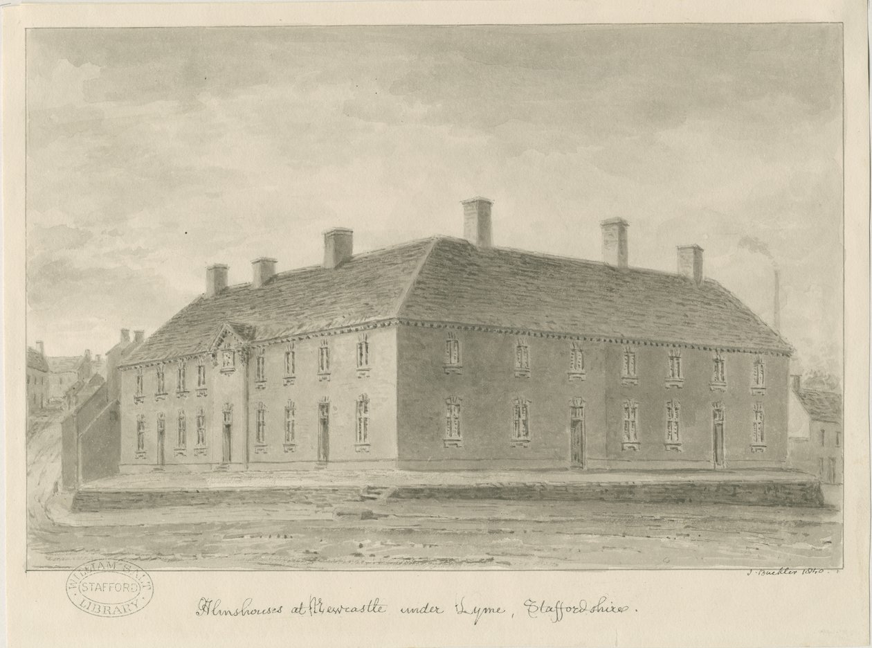 Newcastle-under-Lyme - Almshouses: sepia drawing, 1840dani af John Buckler