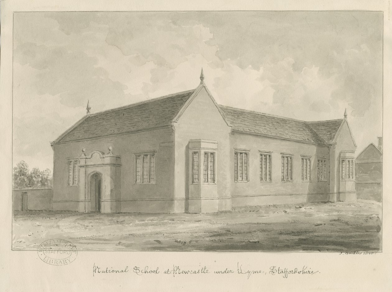 Newcastle-under-Lyme - National School: sepia vask tegning af John Buckler