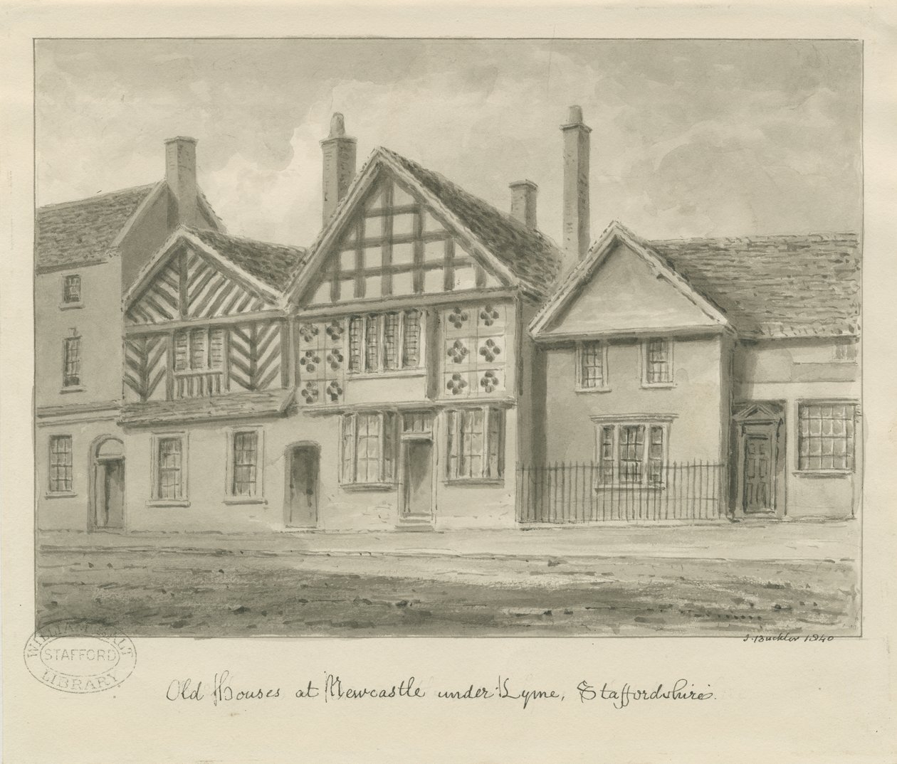 Newcastle-under-Lyme - Old Houses: sepia drawing, 1840dani af John Buckler