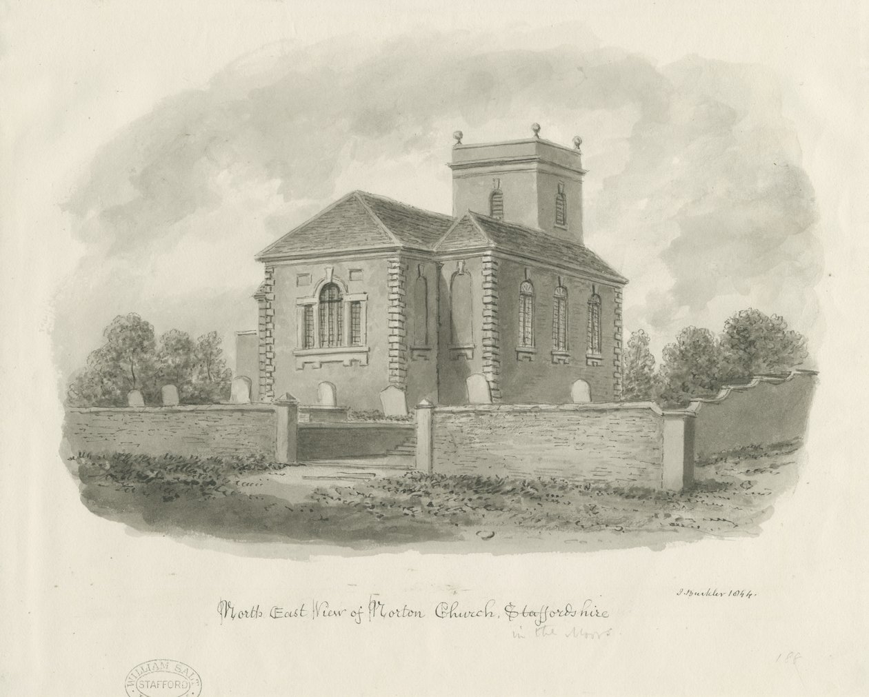 Norton-in-the-Moors Church: sepia vask tegning af John Buckler