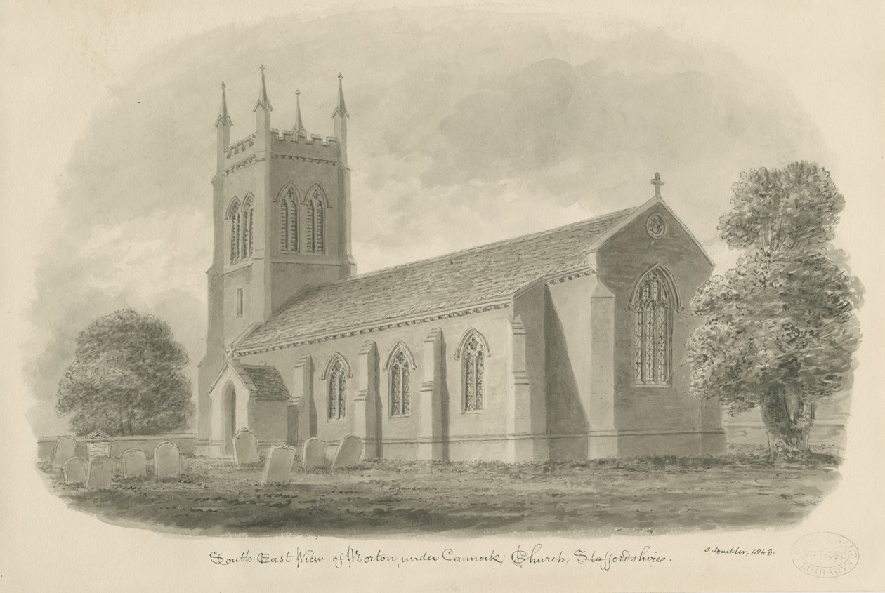 Norton Canes Church: sepia vask tegning af John Buckler