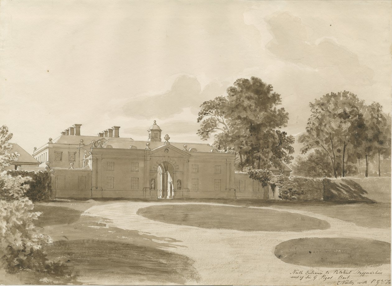 Patshull House: sepia vask tegning, nd [1820] af John Buckler