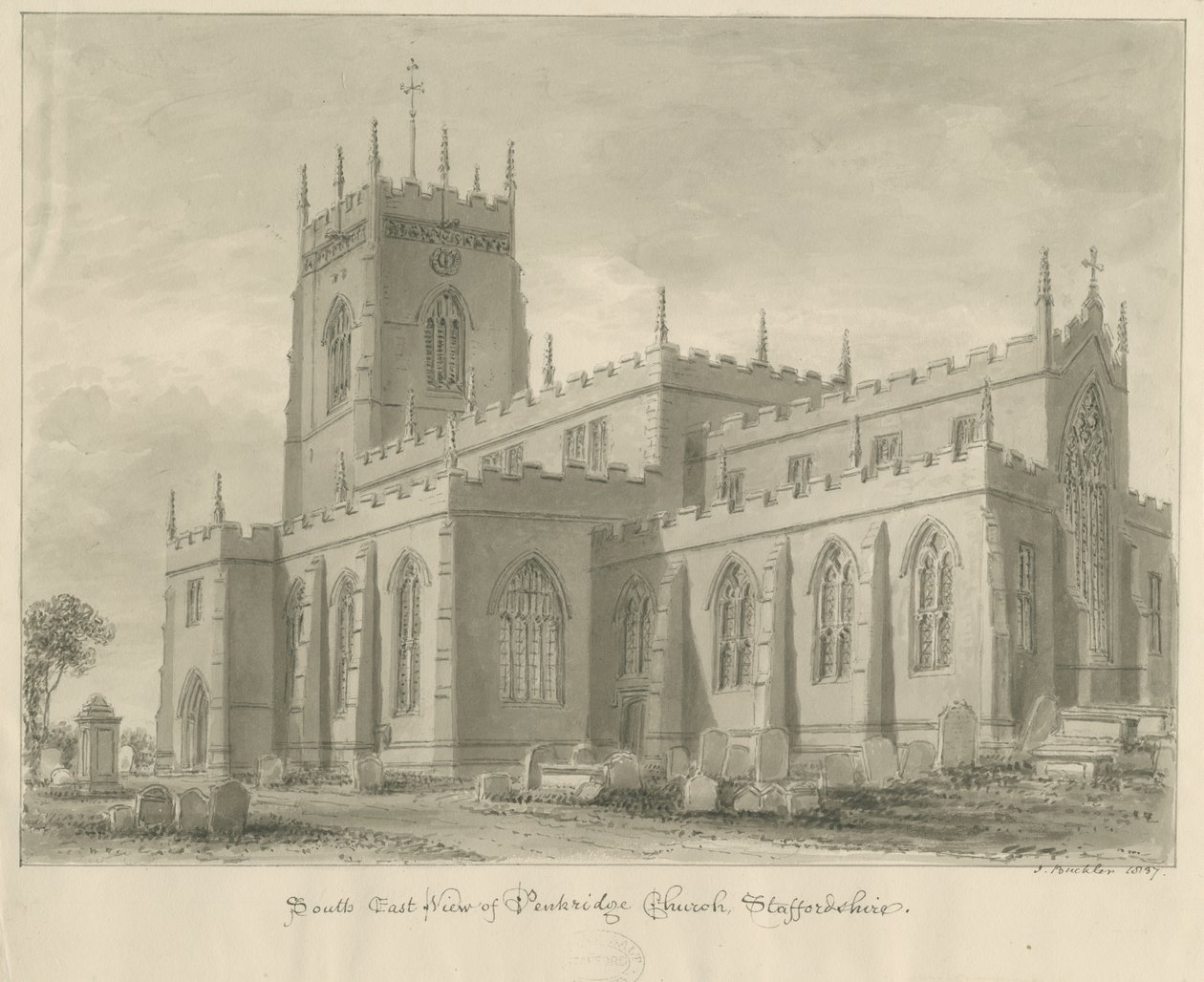 Penkridge Church: sepia tegning af John Buckler