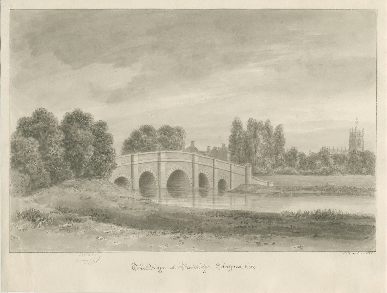 Penkridge Town - [Bull] Bridge: sepia tegning af John Buckler