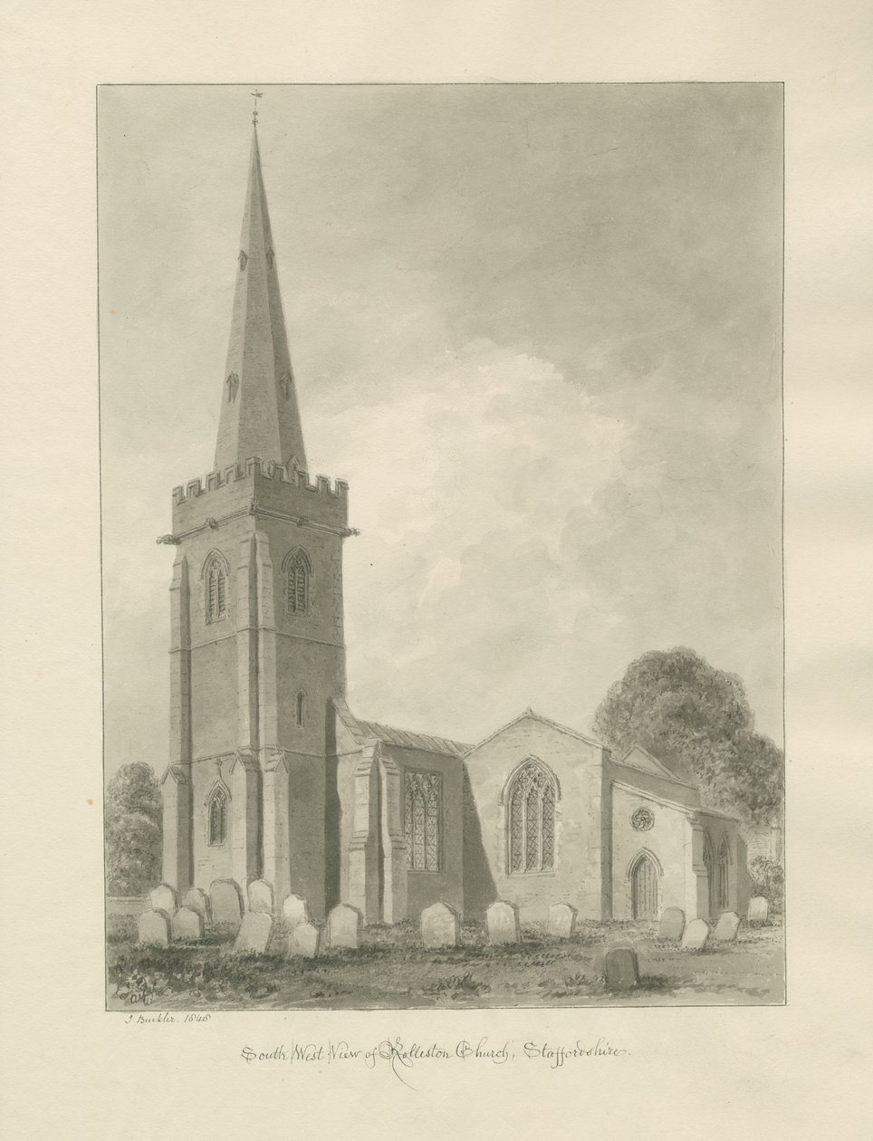 Rolleston Church: sepia tegning af John Buckler