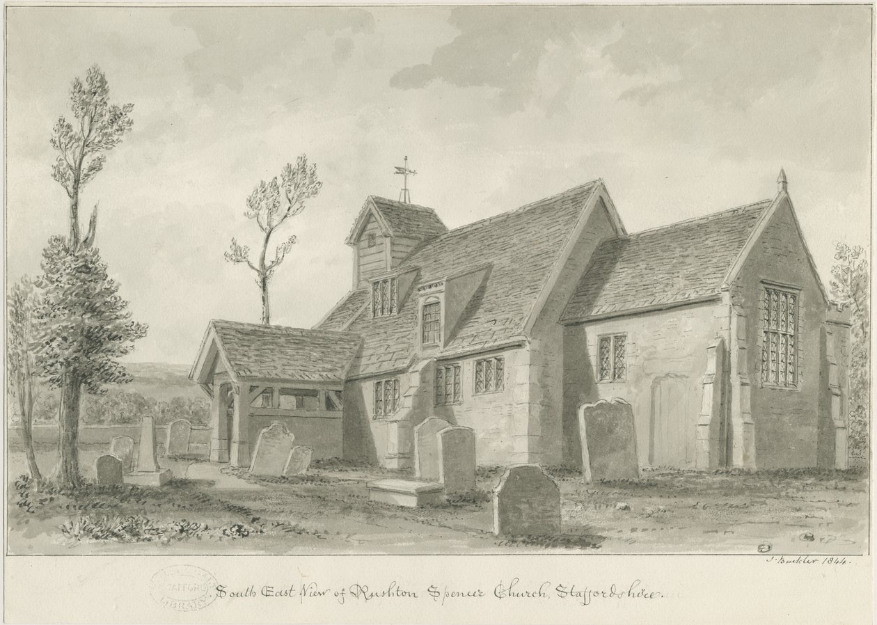 Rushton Spencer Church: sepia vask tegning, 1844 af John Buckler