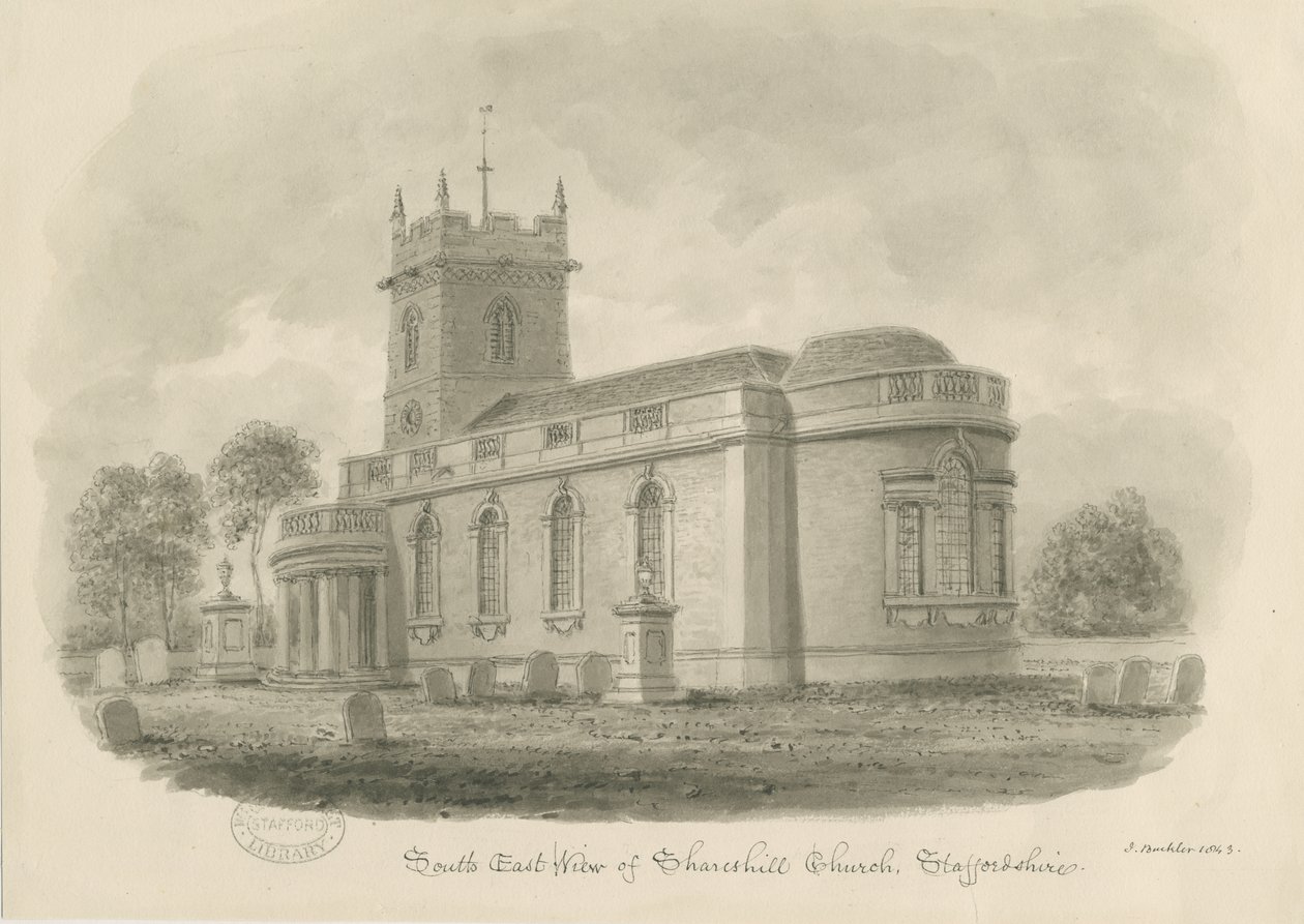 Shareshill Church: sepia-tegning, 1843 af John Buckler