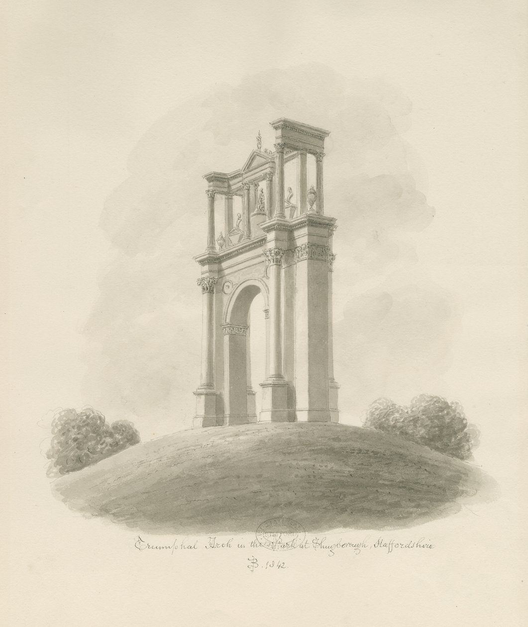 Shugborough - Triumfbue: sepia tegning af John Buckler