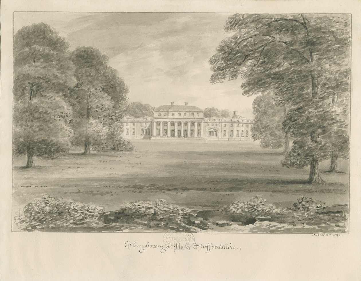 Shugborough Hall: sepia tegning af John Buckler