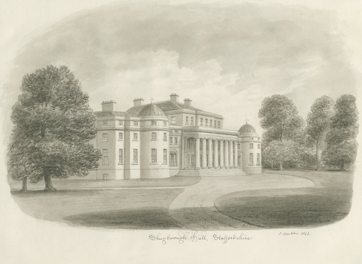 Shugborough Hall: sepia tegning, 1843 af John Buckler