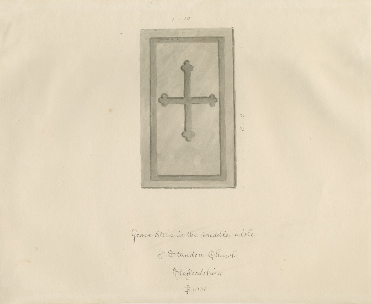 Standon Church - Gravsten: sepia tegning af John Buckler