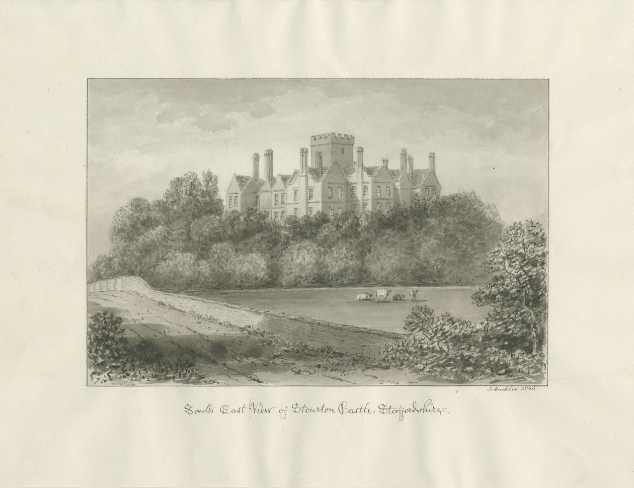 Stourton Castle: sepia vask tegning, 1846 af John Buckler